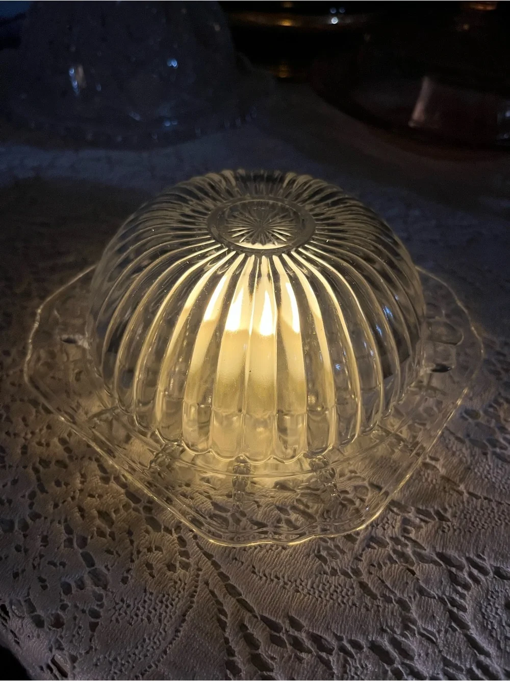 Vintage Clear Pressed Glass Fairy Lamp | Ribbed Bowl & Square Plate